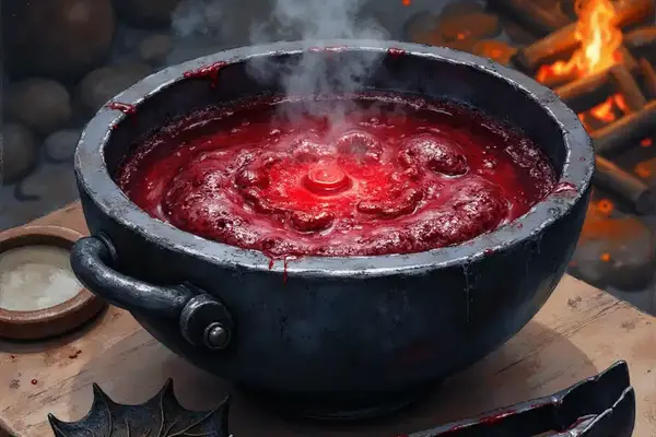 Dunkler Eisenkessel, in dem zähflüssiges, heißes Drachenblut brodelt, umgeben von blutbefleckten Werkzeugen auf einem Holztisch.