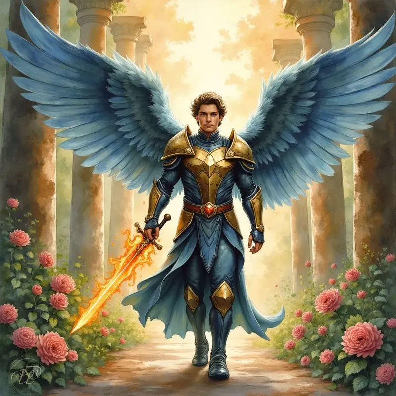 Ein mächtiger Cherubim-Engel mit grossen blauen Flügeln in einer blau-goldenen Rüstung. Er schreitet mit ernstem Blick auf einem von Rosen gesäumten Weg und hält ein flammendes Schwert in seiner rechten Hand.
