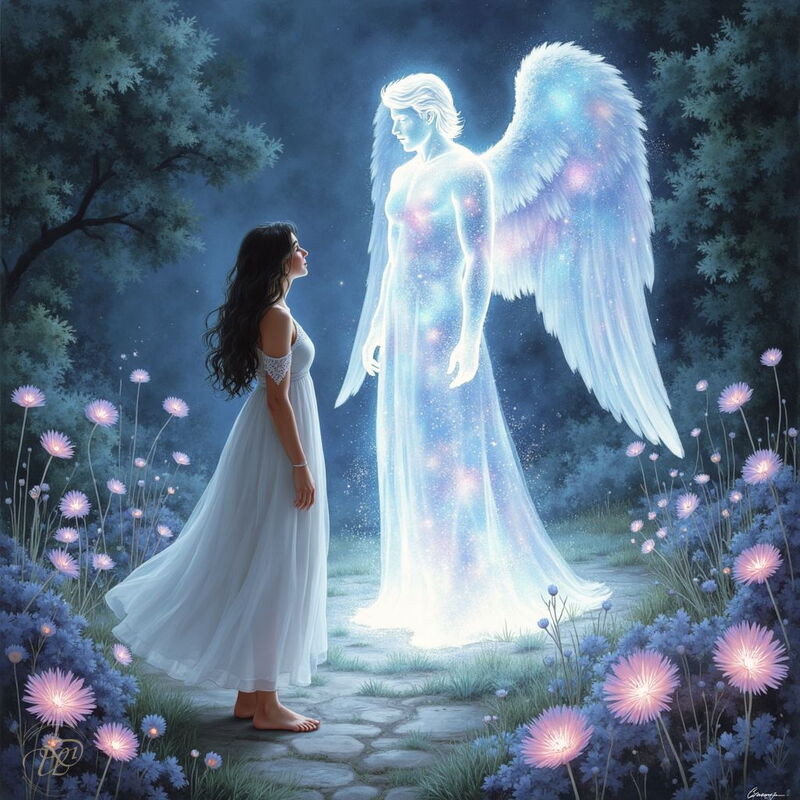 Eine barfüssige Frau in einem weissen Kleid steht auf einem Steinweg in einem nächtlichen Garten und blickt ehrfürchtig zu einem grossen, leuchtenden Erzengel auf. Der Engel besteht aus schimmerndem Licht und hat gewaltige Flügel.
