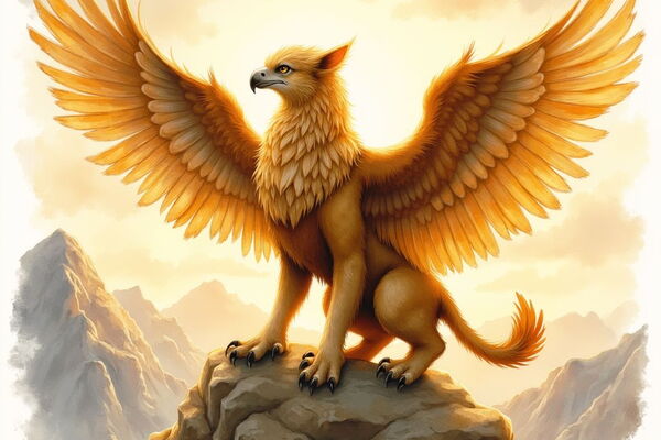 Ein majestätischer, goldener Greif mit dem Körper eines Löwen und dem Kopf eines Adlers thront mit weit ausgebreiteten Flügeln auf einer felsigen Bergspitze. Im Hintergrund erstreckt sich eine Gebirgslandschaft unter einem hellen, sonnendurchfluteten Himm