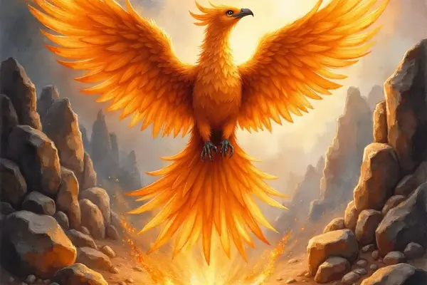 Ein majestätischer, orangeroter Phönix mit weit ausgebreiteten, leuchtenden Flügeln steigt aus seinem brennenden Nest aus Glut und Asche in einer felsigen Schlucht empor.