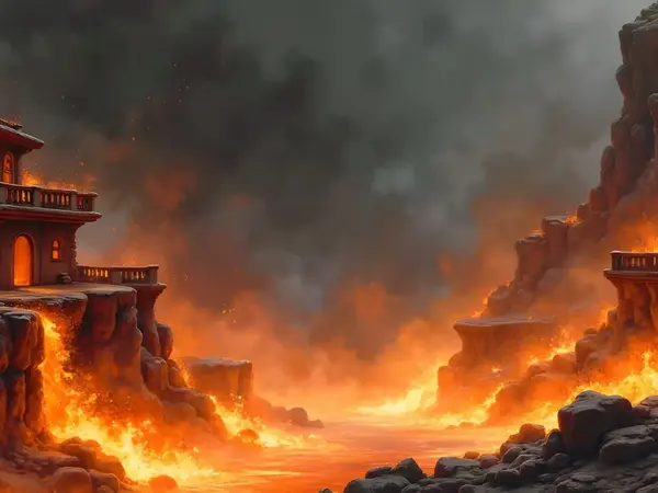 Antike Steingebäude an einer Lavaklippe inmitten einer glühenden Feuerwelt mit herabstürzenden Lava-Wasserfällen.