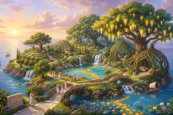 Auf der Insel der Seligen wandeln antike Seelen unter Bäumen mit leuchtend goldenen Blumen.