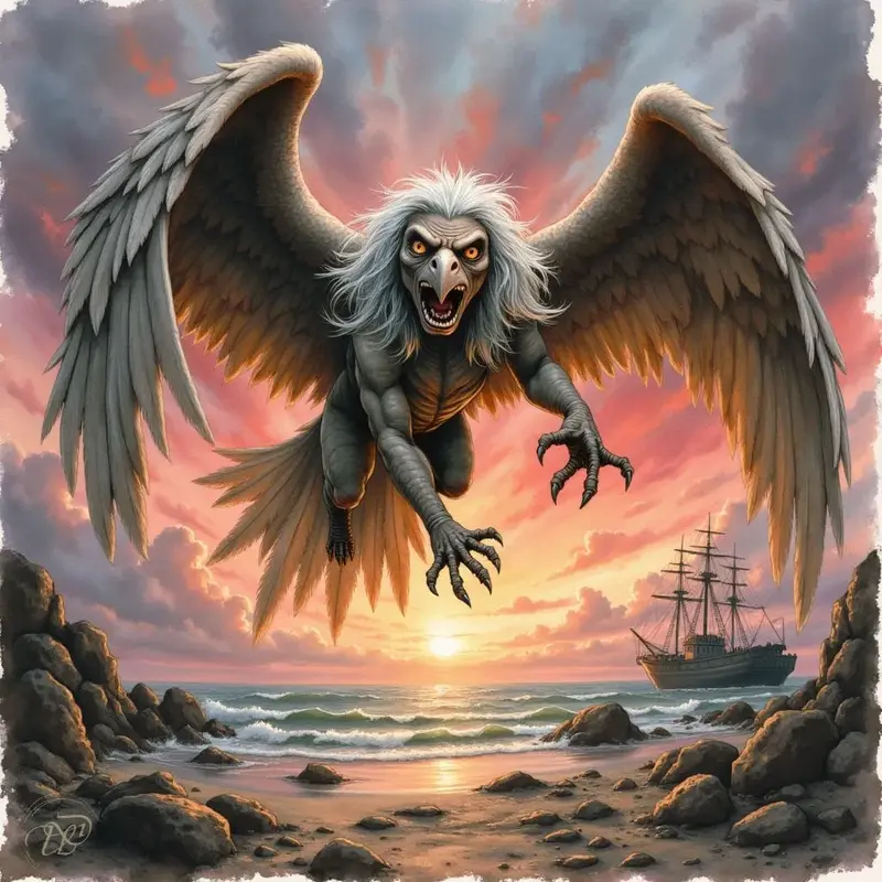 Eine Harpyie mit dem Oberkörper einer alten Frau und den Flügeln und Klauen eines Raubvogels fliegt mit aufgerissenem Schnabel und leuchtenden Augen direkt auf den Betrachter zu. Ihre grauen Flügel sind weit ausgebreitet vor einem dramatischen Sonnenunter