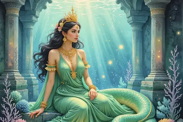 Eine majestätische Naga mit dem Oberkörper einer Frau und einem langen, grünen Schlangenschwanz sitzt auf den Steinstufen eines versunkenen Tempels. Sie trägt eine goldene Krone und ein grünes Gewand, während Lichtstrahlen durch das Wasser auf sie scheine