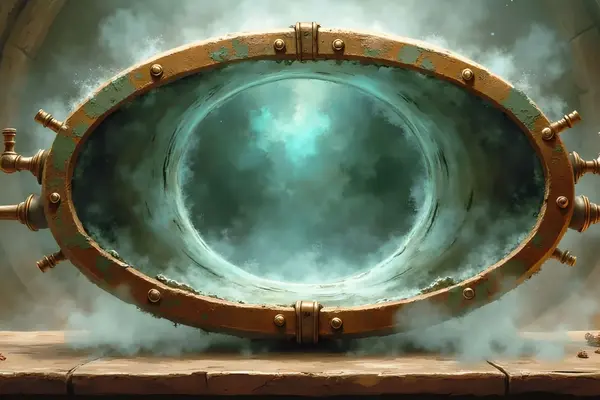 Ein Alchemie-Labor mit brodelnden Phiolen, Kräutern und einem Blick in eine leuchtende, neblige Dimension.