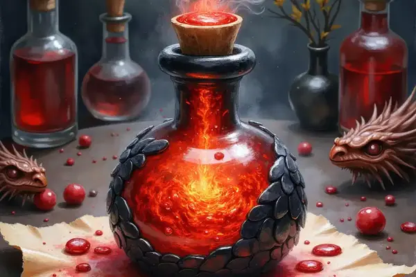 Mit schwarzen Schuppen verzierte Phiole, in der das glühende Drachenzorn-Elixier wie Magma wirbelt und raucht.