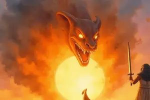 Die monströse Chaos-Schlange Apophis erscheint in feurigen Wolken vor der Sonne und wird von einer ägyptischen Gestalt mit einem Schwert bekämpft