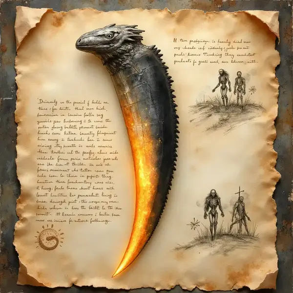 Geschwungener Drachenzahn auf Pergament, dessen Spitze wie Glut leuchtet, neben Skizzen von Skelett-Kriegern.