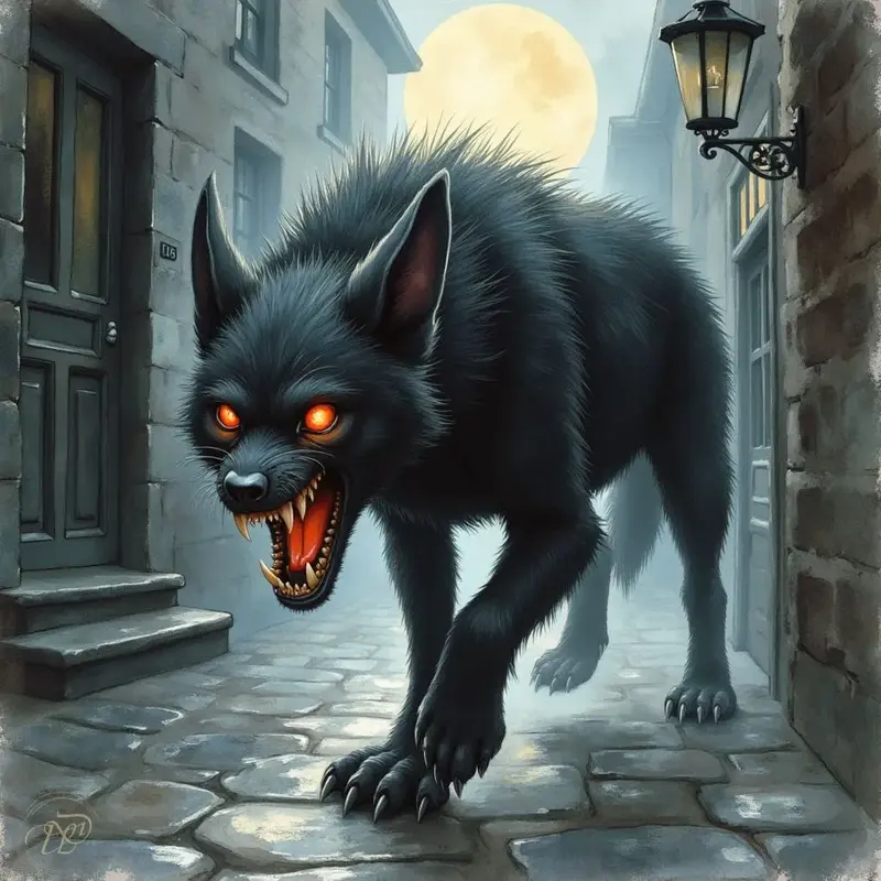 Ein großer, monströser schwarzer Hund, der Barghest, schleicht mit leuchtend roten Augen und entblößten Fängen durch eine dunkle, gepflasterte Gasse. Am Nachthimmel steht ein voller Mond, während eine einzelne Laterne die unheimliche Szene beleuchtet.