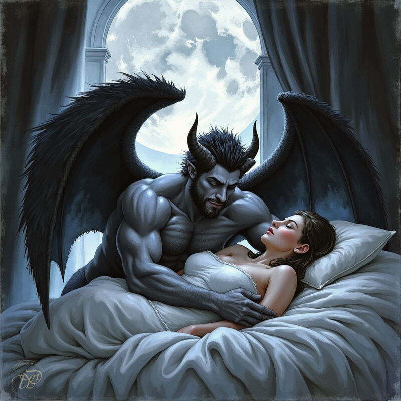 Ein muskulöser, gehörnter Inkubus mit großen schwarzen Flügeln sitzt auf dem Bett einer schlafenden Frau und verführt sie. Mondlicht fällt durch ein Fenster in das dunkle Schlafzimmer.
