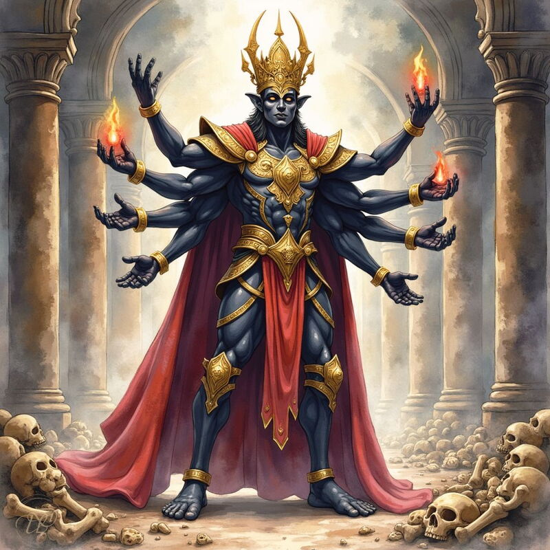 Ein mächtiger, blauhäutiger Rakshasa-König mit acht Armen, goldener Rüstung und einer Krone steht in einer Säulenhalle. In seinen oberen Händen hält er Flammen, während zu seinen Füßen Haufen von Schädeln und Knochen liegen.