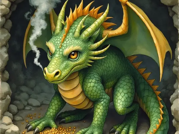 Ein grüner Drache sitzt in einer Felshöhle vor Goldstücken, während Rauch aufsteigt.