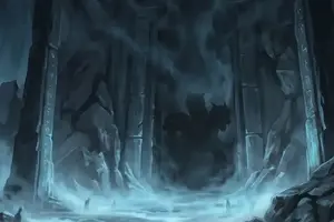 Ein düsteres Höhlentor, bewacht vom dreiköpfigen Kerberos im dichten Nebel des Erebos.