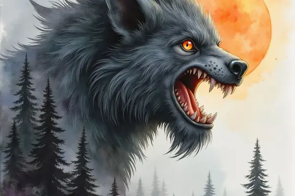 Ein zorniger, riesiger Wolf mit dunklem Fell, leuchtend orangen Augen und entblößten, scharfen Zähnen vor einem nebligen Nadelwald und einem großen, orangen Mond.