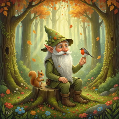 Ein Waldwichtel mit spitzem grünen Hut und langem weißen Bart sitzt auf einem Baumstumpf in einem herbstlichen Wald. Er hält ein Rotkehlchen auf seiner Hand, während ein Eichhörnchen neben ihm sitzt.