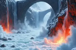 Bild des eisigen Fluss Acheron mit tosenden Wellen und zwei großen Steinbrücken in einer winterlichen Felsenlandschaft