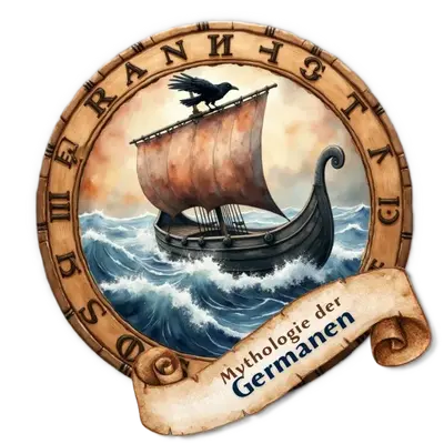 Ein Wikingerschiff auf stürmischer See, gerahmt von einem Runenkreis; ein Rabe sitzt auf dem Mast.