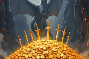 Drachenhort als riesiger Berg aus glänzenden Goldmünzen mit darin steckenden goldenen Schwertern, im Hintergrund bewacht von einem imposanten grauen Drachen