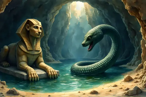 Eine gigantische Sphinx und die Riesenschlange Apophis symbolisieren die Fabelwesen ägyptische Mythologie