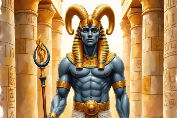 Der ägyptische Gott Amun mit blauer Haut und Widderhörnern, bekleidet mit einem goldenen Kopfschmuck und einem weissen Lendentuch. Er hält ein Was-Zepter in der Hand und steht in einer von Säulen gesäumten ägyptischen Tempelhalle.