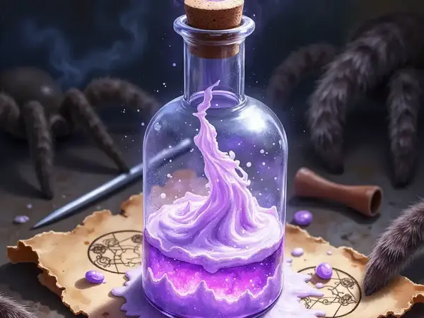 Alchemistische Phiole mit zähflüssigem, violett schimmerndem Grabspinnen-Gift auf Pergament.