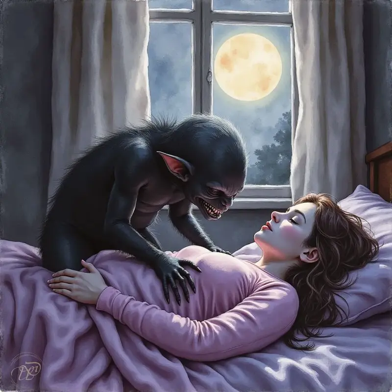 Ein kleiner, hagerer Dämon, bekannt als Alp, sitzt auf der Brust einer im Bett liegenden Person. Die Kreatur beugt sich in der Dunkelheit über das Gesicht des Opfers, das gequält erscheint.