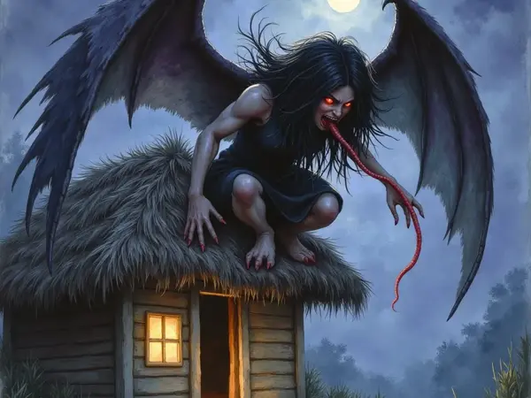 Die Aswang, eine Dämonin mit schwarzen Fledermausflügeln, hockt bei Vollmond auf dem Strohdach einer Holzhütte. Sie hat wildes Haar, leuchtend rote Augen und streckt eine extrem lange, dünne Zunge aus ihrem Mund.