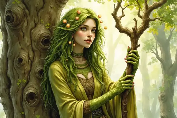Eine Dryade mit langen, leuchtend grünen Haaren und einem fliessenden Gewand lehnt an einem knorrigen Baumstamm. Sie hält einen jungen Baum-Setzling in ihren Händen und blickt in den sonnendurchfluteten Wald.