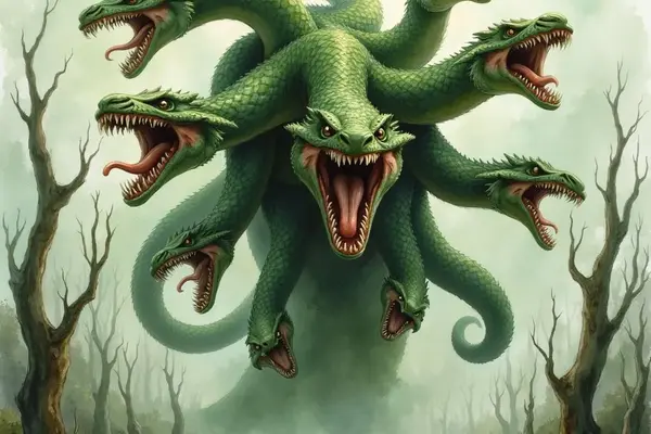 Eine schuppige, grüne Hydra mit neun schlangenartigen Köpfen und leuchtend roten Augen erhebt sich aus einem nebligen Sumpf. Alle Mäuler des Monsters sind weit aufgerissen und zeigen spitze Zähne und rote Zungen in einer aggressiven Pose.