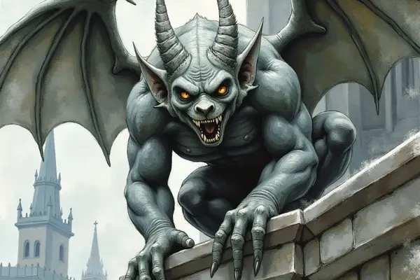 Ein geflügelter Gargoyle aus Stein lauert mit Krallen auf einer Mauerkante einer Kathedrale.