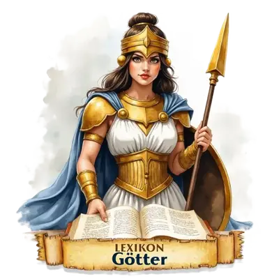 Eine kriegerische Göttin in Goldrüstung mit Speer und Schild steht hinter einem aufgeschlagenen Buch.