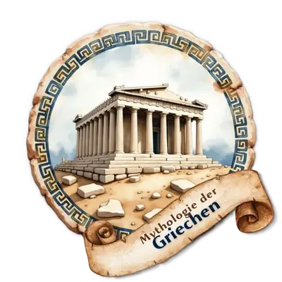 Antiker griechischer Tempel in einem kreisförmigen Rahmen mit Mäander-Muster und Pergament-Banner.