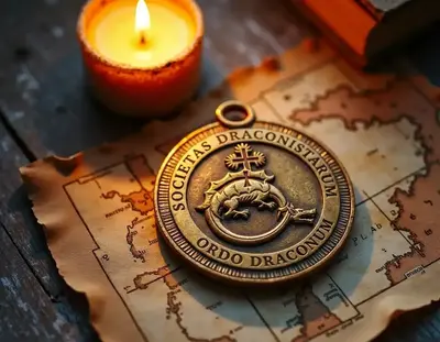 Goldenes Amulett des Drachenordens auf mittelalterlicher Pergamentkarte im Kerzenlicht