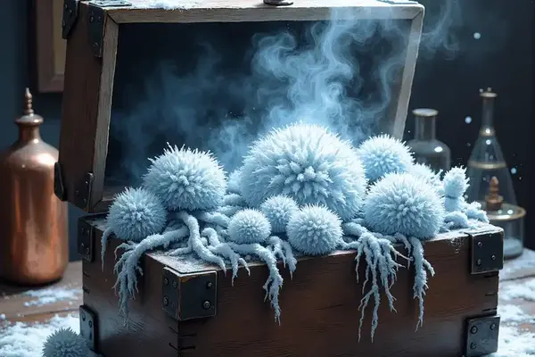 Geerntete, gefrorene Nebelwurz in einer Holzkiste auf einem Alchemie-Tisch, kalter Nebel steigt auf.