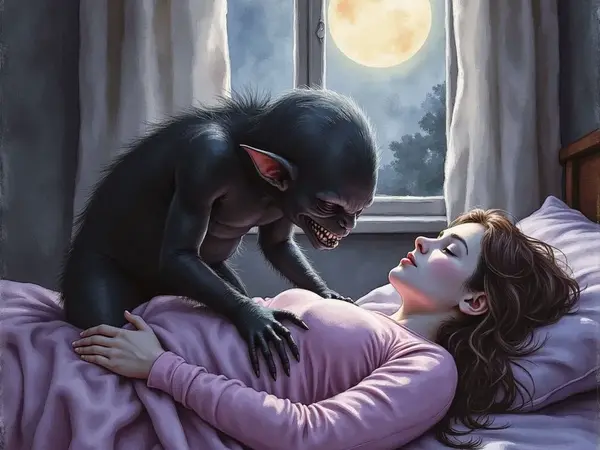 Ein kleiner, hagerer Dämon, bekannt als Alp, sitzt auf der Brust einer im Bett liegenden Person. Die Kreatur beugt sich in der Dunkelheit über das Gesicht des Opfers, das gequält erscheint.