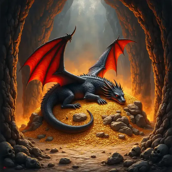 Der rauchende Drachenhort mit schlafendem Ungeheuer auf einem Bett aus glänzendem Gold.