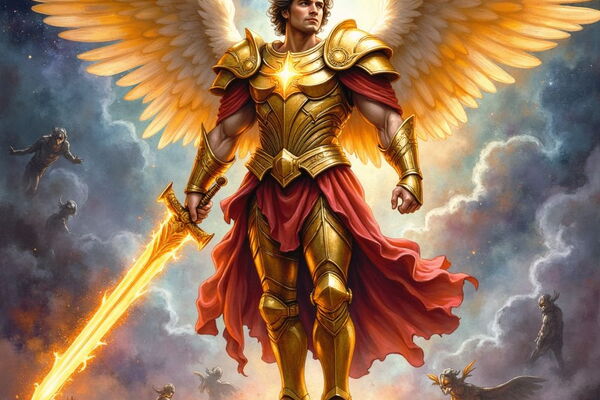Erzengel Michael in goldener Rüstung mit leuchtenden Flügeln steht siegreich auf einem Felsen. Er hält ein flammendes Schwert, während unter ihm besiegte dämonische Gestalten im Chaos zurückweichen.