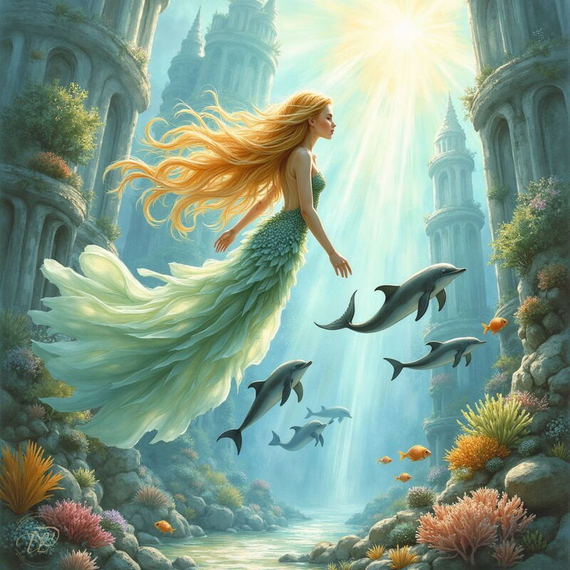 Eine anmutige Nereide mit langen, blonden Haaren und einem schimmernden, grünen Fischschwanz schwebt unter Wasser. Sie wird von Delfinen begleitet, während Sonnenstrahlen durch das Wasser auf eine versunkene Ruinenstadt scheinen.