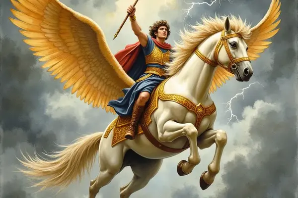 Der Held Bellerophon in goldener Ruestung reitet auf dem majestätischen, weissen Fluegelpferd Pegasus durch einen sturmischen Himmel, einen Speer in der erhobenen Hand, waehrend im Hintergrund Blitze zucken.