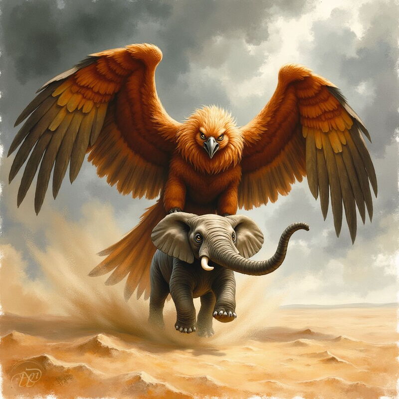 Ein gewaltiger, orange-fedriger Riesenvogel, der Roch, packt mit seinen Krallen einen Elefanten in einer weiten Wüstenlandschaft. Mit weit ausgebreiteten Flügeln und grimmigem Blick thront der Vogel auf seiner Beute, während Sand aufgewirbelt wird.
