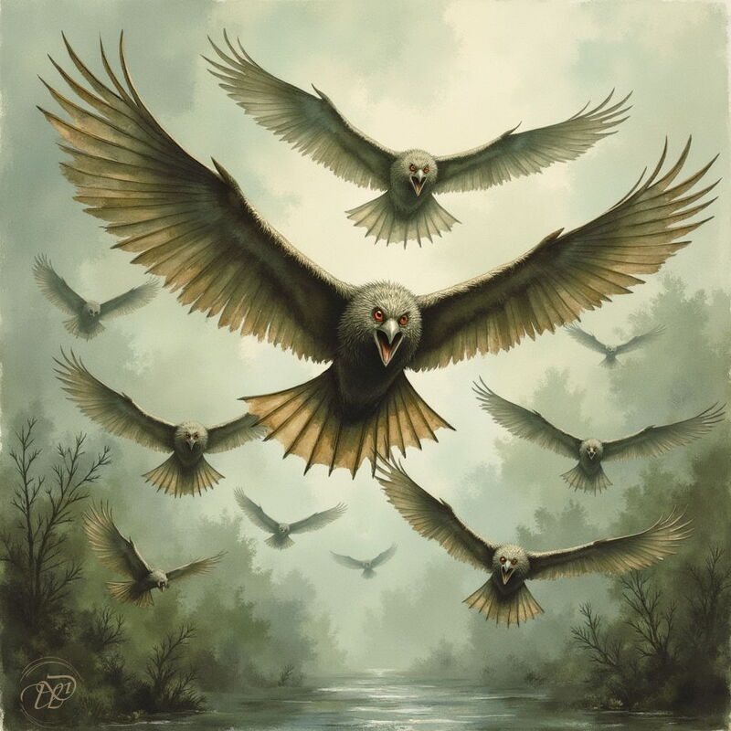 Ein Schwarm großer, raubvogelartiger Kreaturen mit leuchtend roten Augen und spitzen Schnäbeln fliegt aggressiv auf den Betrachter zu. Die Szene spielt über einer nebligen Sumpflandschaft.