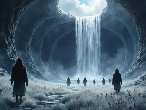 Die spiralförmige Unterwelt des Hades mit dem Fluss Styx und Feldern aus schwarzen Lilien.