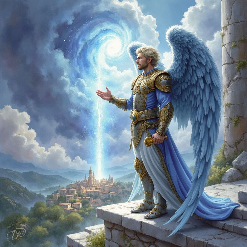Ein Engel der Fürstentümer mit blondem Haar und blauen Flügeln in gold-blauer Rüstung. Er steht auf einer Burgmauer über einer Stadt und lenkt mit seiner Hand einen Lichtstrahl aus einem Himmelswirbel auf die Stadt herab.