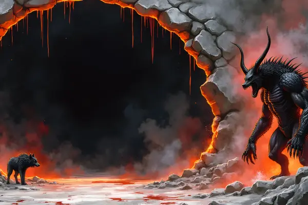 Eine dunkle Kapuzengestalt, Wölfe und ein gehörnter Dämon bewachen ein glühendes Felsportal für Vampire und Dämonen.