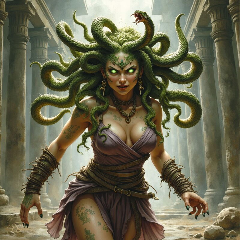 Die Gorgone Medusa mit leuchtend grünen Augen und einem Haupt aus lebendigen, zischenden Schlangen schreitet in einem antiken Tempel entschlossen auf den Betrachter zu. Ihre Haut ist stellenweise mit grünen Schuppen bedeckt und ihre Finger enden in schwar