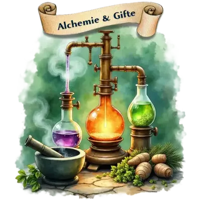 Alchemistisches Laboratorium mit dampfenden Glaskolben, Mörser und Kräutern für Fantasy-Rezepte.