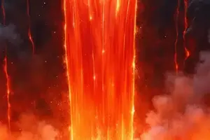 Ein mächtiger, senkrechter Lavafall, der von dunklen Klippen in ein dampfendes, kreisförmiges Becken stürzt