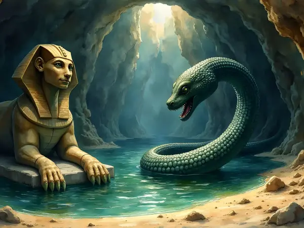 Eine gigantische Sphinx und die Riesenschlange Apophis symbolisieren die Fabelwesen ägyptische Mythologie