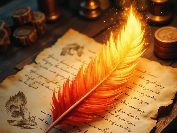 Eine glühende Phönixfeder auf einem alten Pergament mit magischen Skizzen.